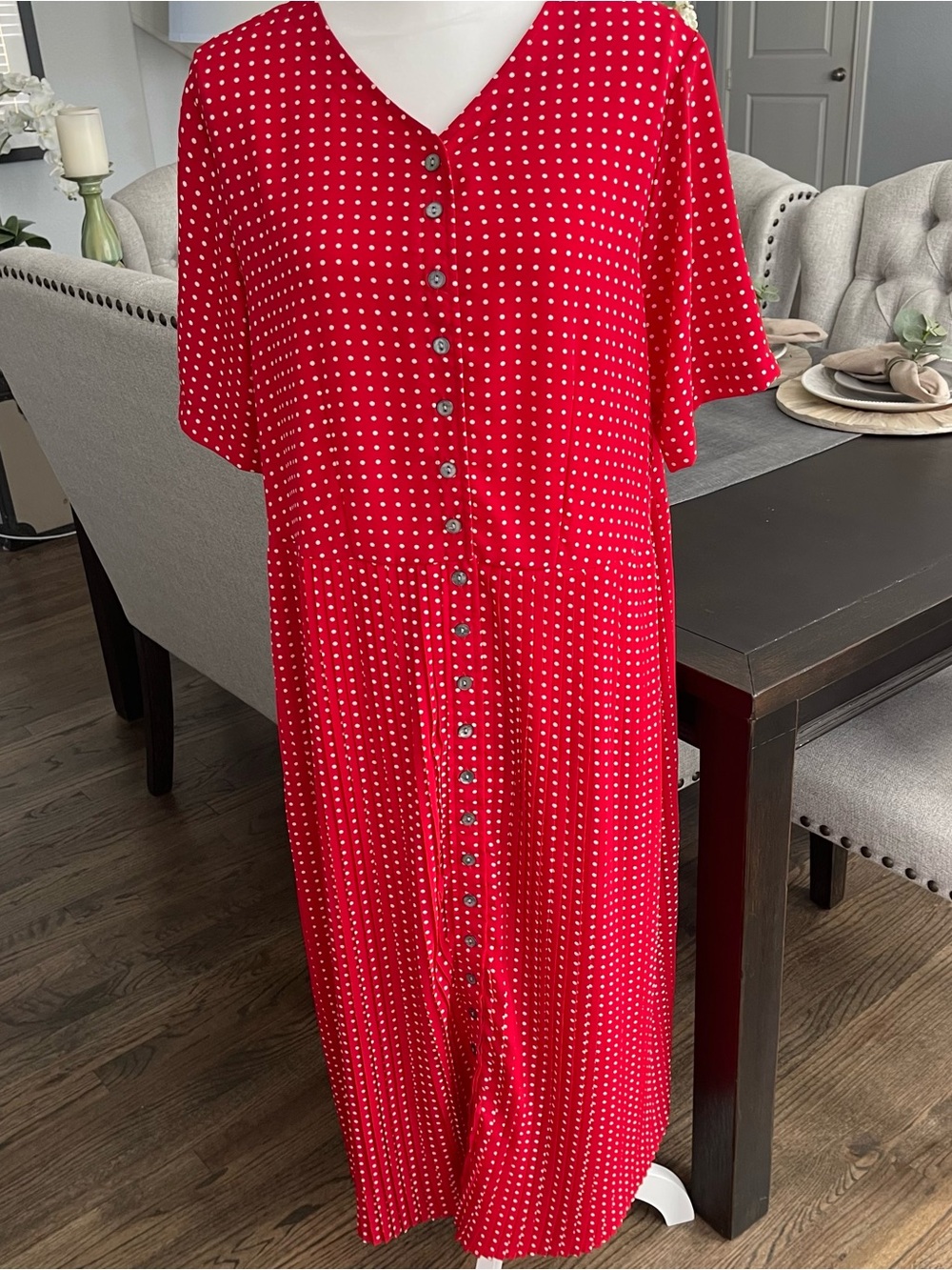 Red Polka Dot Button-Front Midi Dress